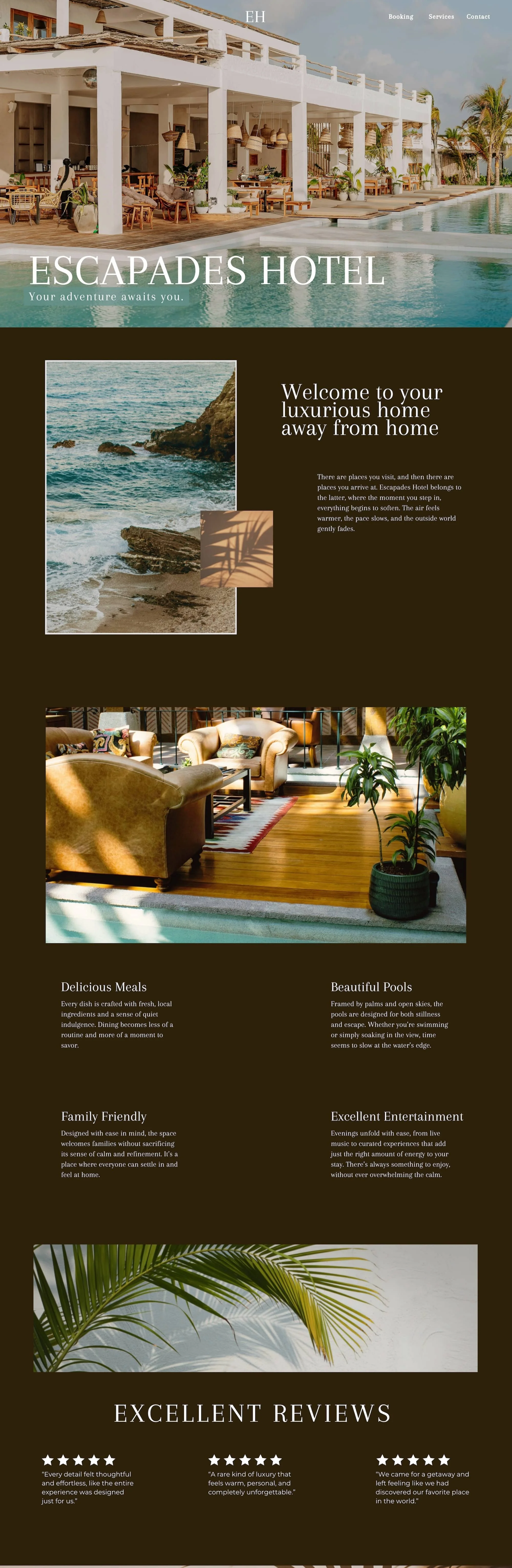 Hotel website homepage featuring images of the hotel exterior, ocean, interior lounge with seating, and palm trees, with text promoting the hotel's amenities and reviews.