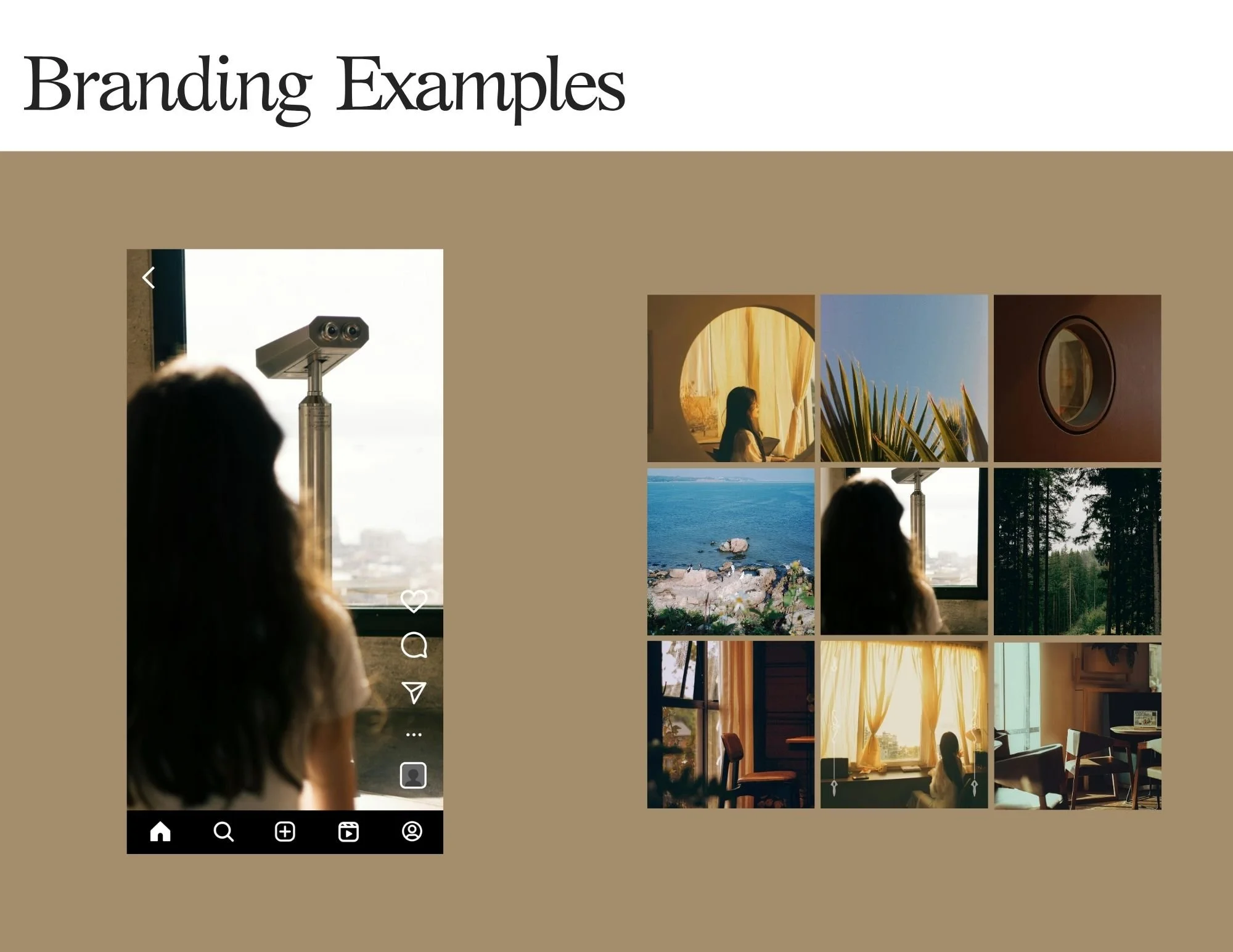Screenshots of a landscape photography website showing images of a beach, a woman by a window, and a view of trees and water, with a mobile app interface at the bottom of one image.