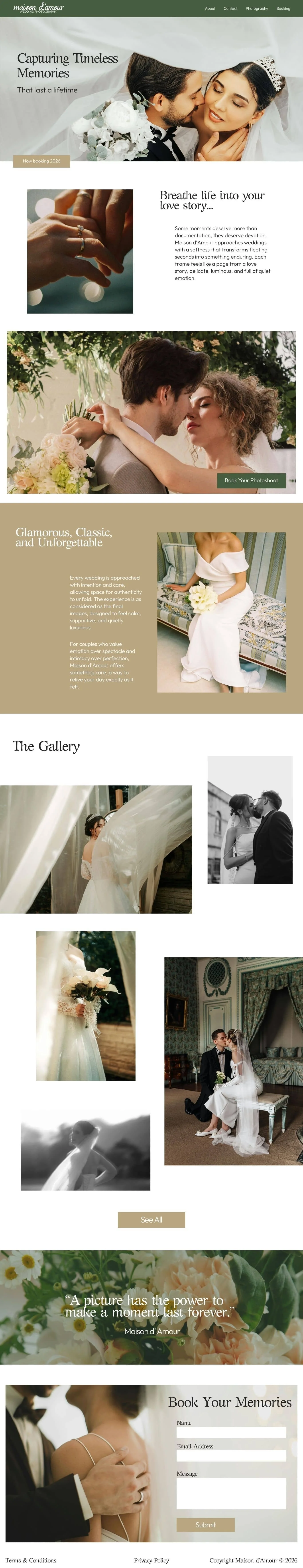 This is a wedding website homepage showcasing various images of couples and wedding scenes, including a bride and groom, engagement photos, wedding details, and gallery images, with sections for booking and quotes.
