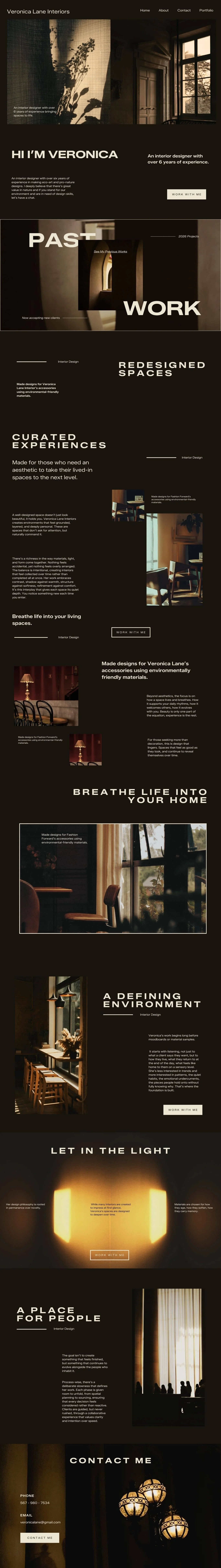 A website homepage for Veronica Laree Interior, an interior designer. The page features dark backgrounds with light text, showcasing images of interior spaces, furniture, and lighting, emphasizing a warm, elegant aesthetic. Sections include a personal introduction, past work, redesigned spaces, curated experiences, details about the designer, and contact information.