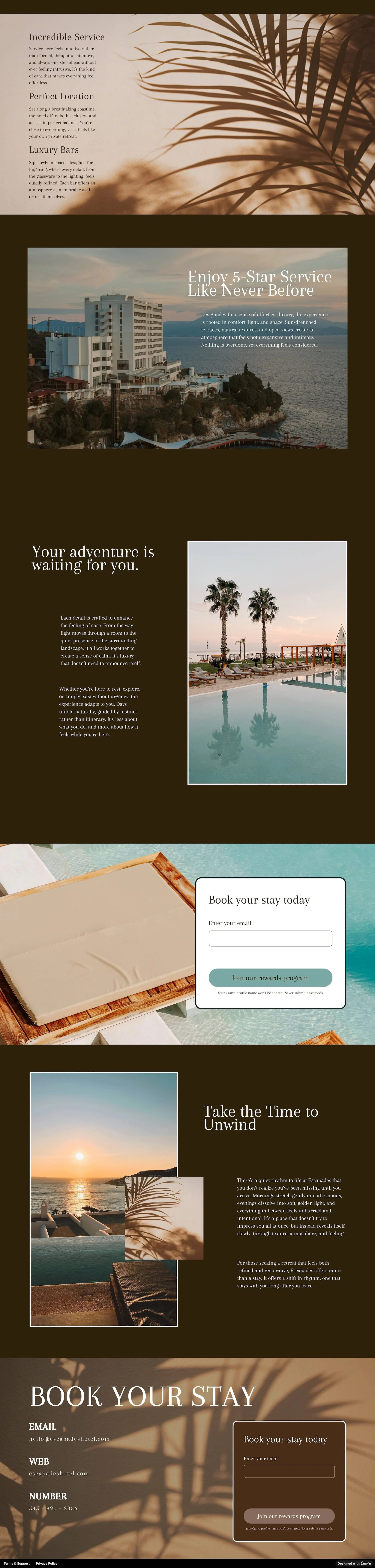 A hotel promotional webpage featuring scenic images of a beachfront hotel, pool, sunset, and palm trees with text about luxury services and booking options.