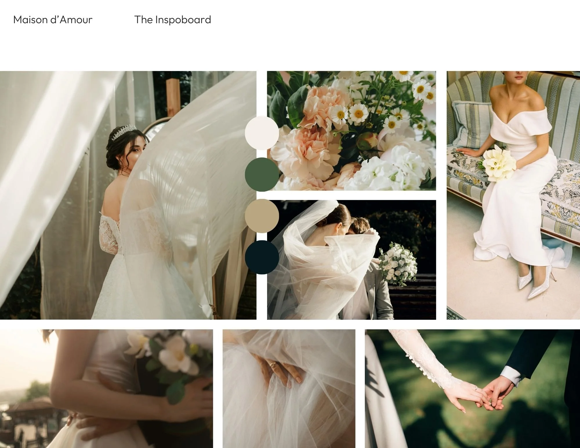 Collage of wedding-themed photos including a bride with a tiara, a bouquet of flowers, a woman in a white gown sitting on a vintage sofa holding a bouquet, and hands of a couple holding each other.