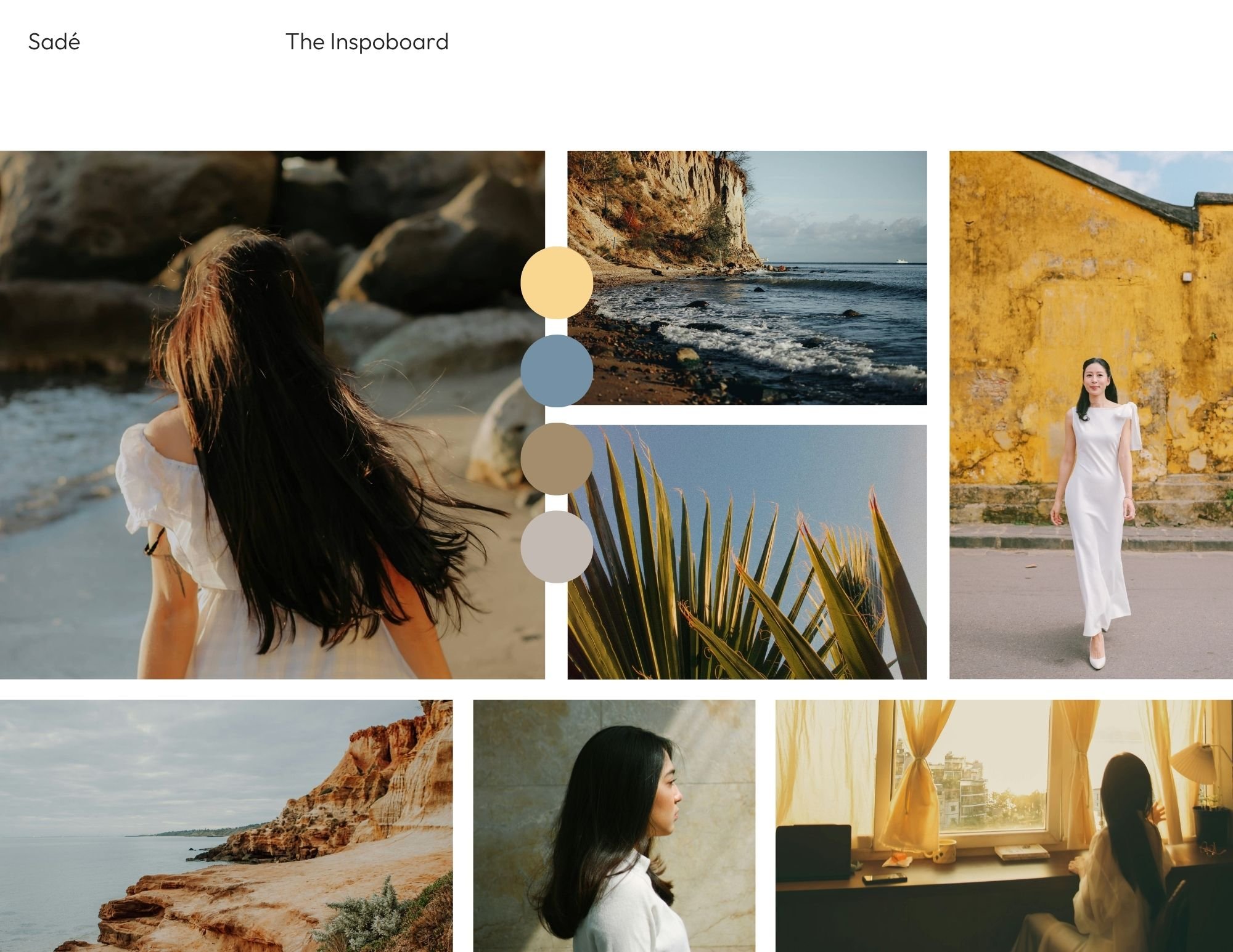 A collage of nine images including a woman with long dark hair looking out at rocky beaches and cliffs, coastal landscapes, an indoor scene with a woman in a white dress and yellow curtains, and a woman with long hair looking out a window.