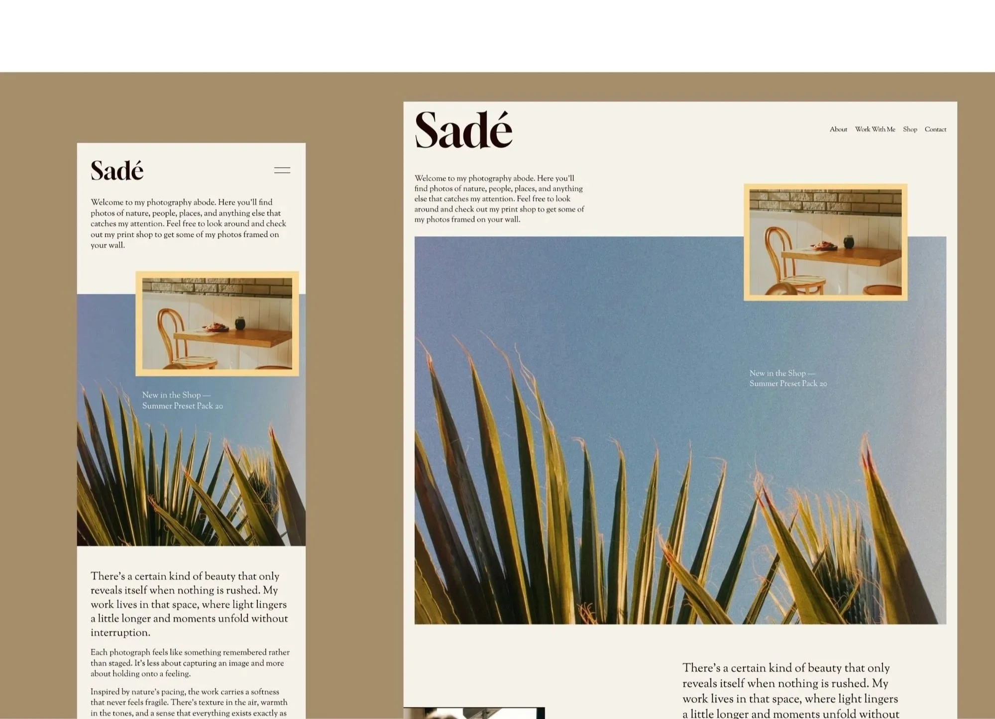 A website layout featuring photos of a cozy corner with a wooden table, chairs, and a brick wall, blending earthy tones, with text about photography and appreciating beauty.
