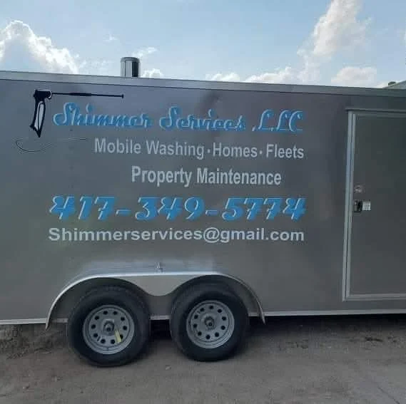 Side view of a mobile service truck with text advertising Shimmer Services LLC for mobile washing, home and fleet cleaning, property maintenance, phone number, and email.