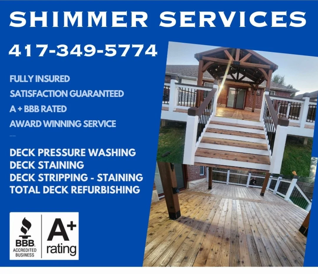 Advertisement for Shimmer Services showcasing a wooden deck and porch with contact information, services offered, and ratings.