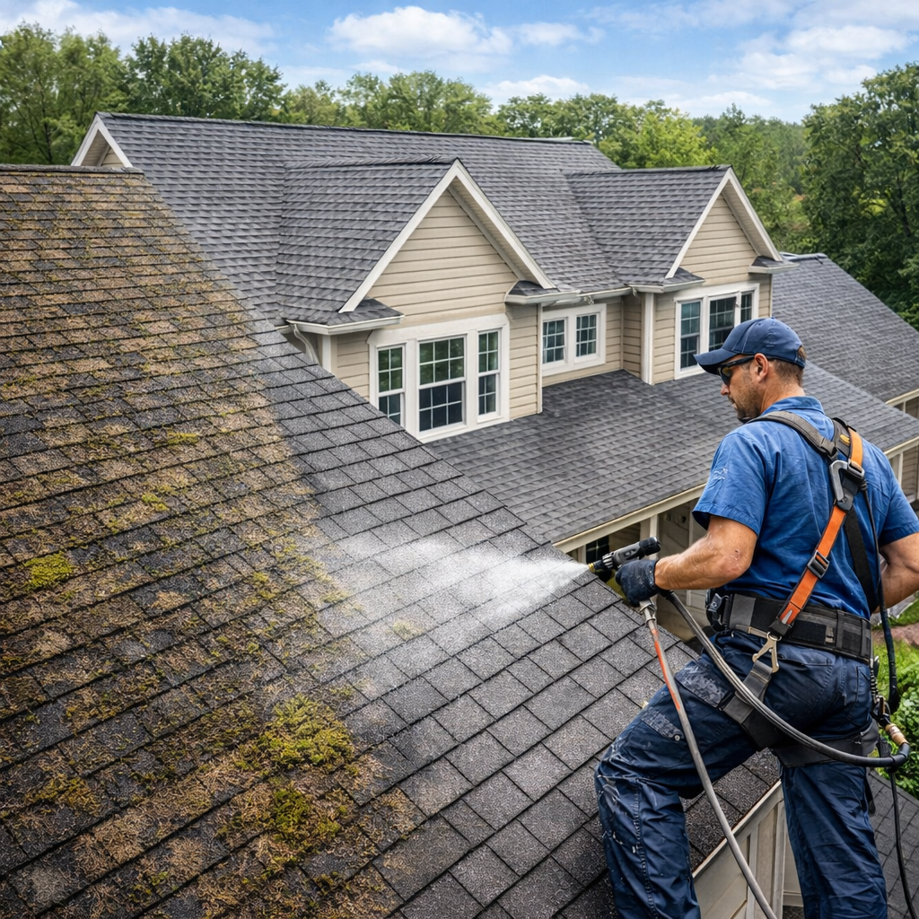 A man wearing a blue shirt, cap, and safety harness power washing a house's roof, with clean and moss-covered sections visible.