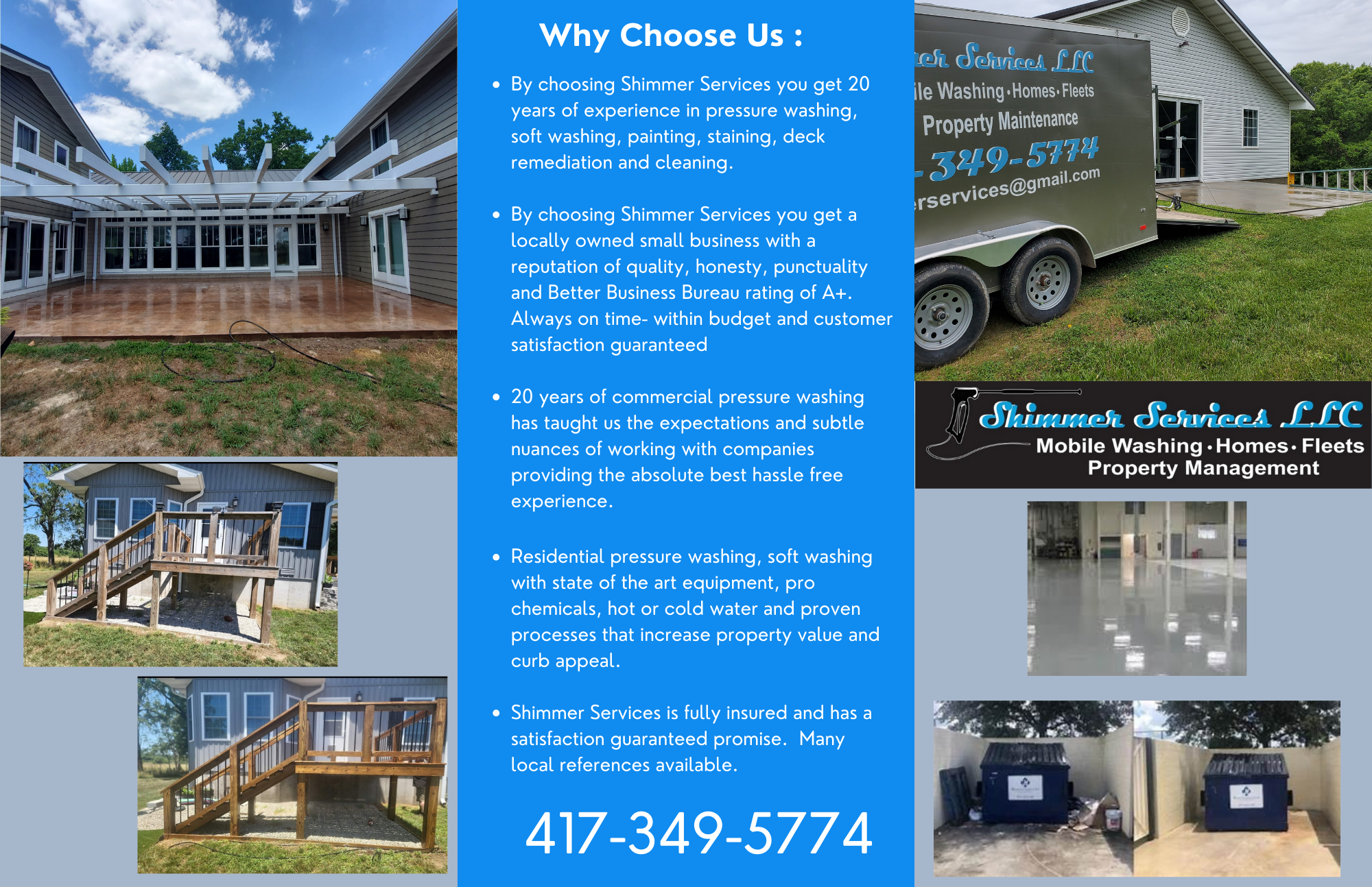 A promotional flyer for Shimmer Services LLC featuring images of house exteriors with decks, a commercial pressure washing facility, and a mobile service trailer. The flyer highlights services such as pressure washing, home and fleet cleaning, and pr