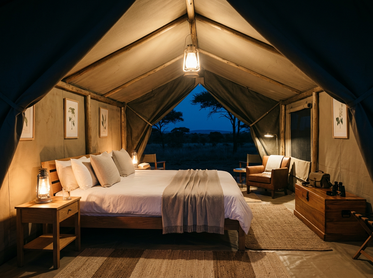 Interior of a cozy tented bedroom at dusk with a large bed, wooden nightstands with lanterns, framed botanical artwork, armchairs, a wooden chest, and curtains open to a view of trees and the twilight sky.