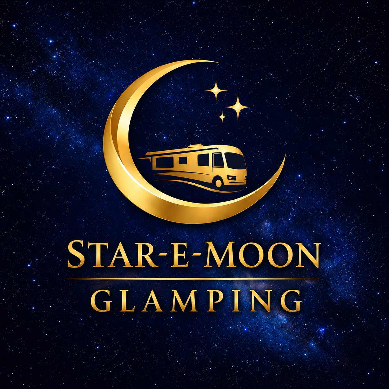 Golden crescent moon with a RV inside, set against a starry night sky, with the text 'Star-E-Moon Glamping' below.