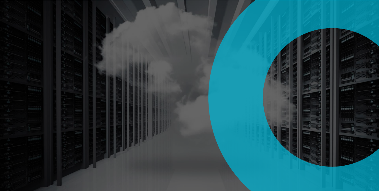 Data center with multiple server racks, clouds, and a large blue circular graphic.