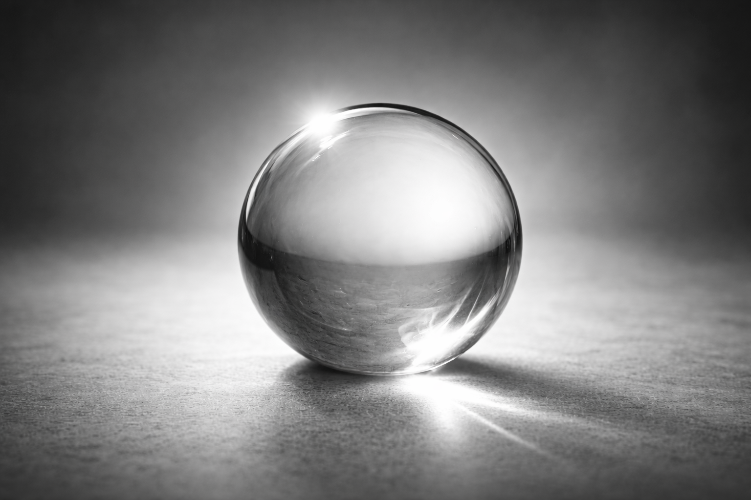 A transparent glass sphere on a wooden surface with light reflection and shadow, black and white photography.