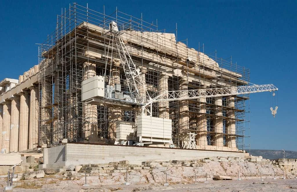 The Parthenon under construction with a crane - Ancient Greek temple