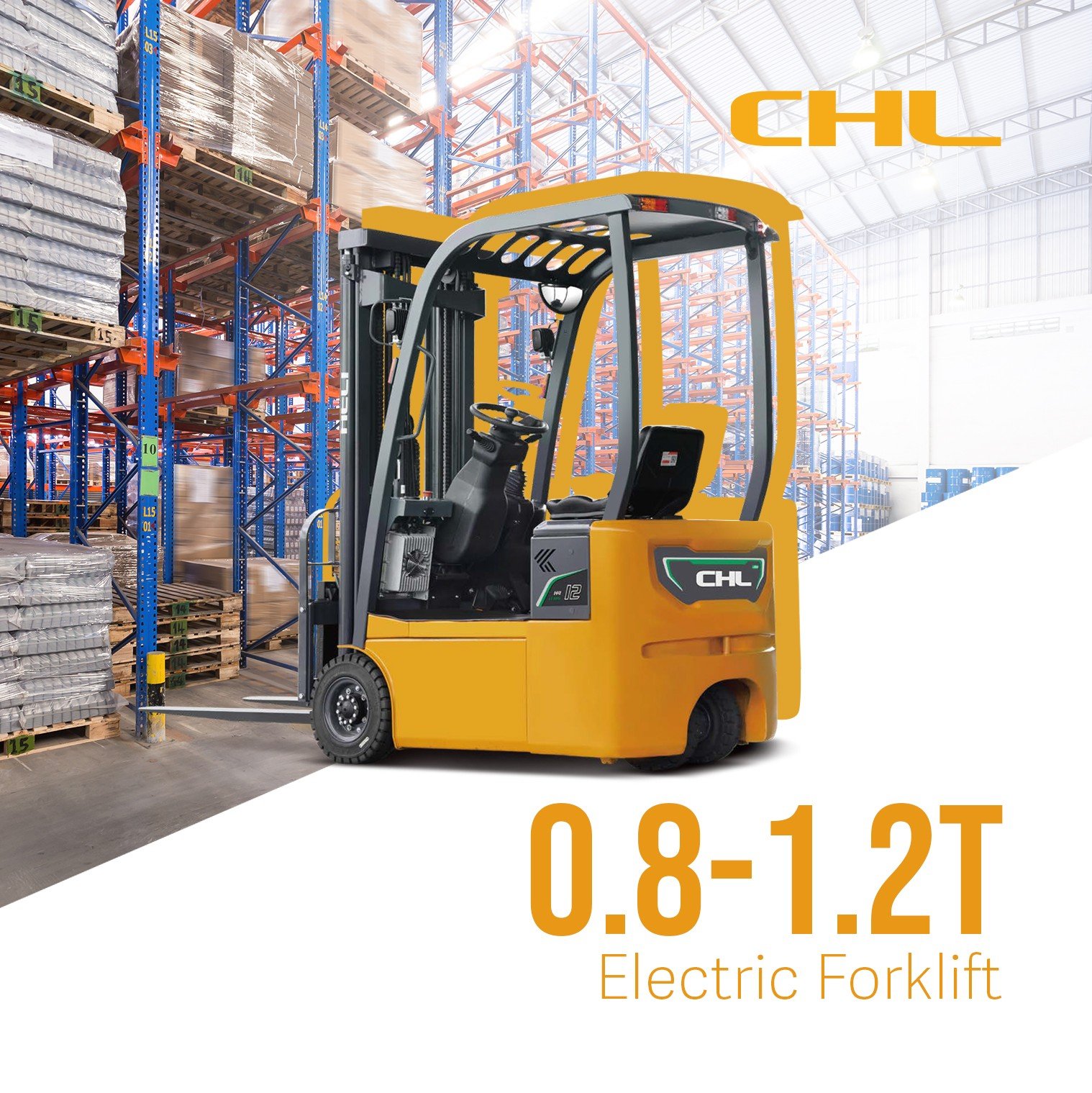 An orange electric forklift in a warehouse, with shelving units filled with boxes and pallets in the background. The forklift has the brand name CHL, and the image includes text indicating its capacity range of 0.8 to 1.2 tons.