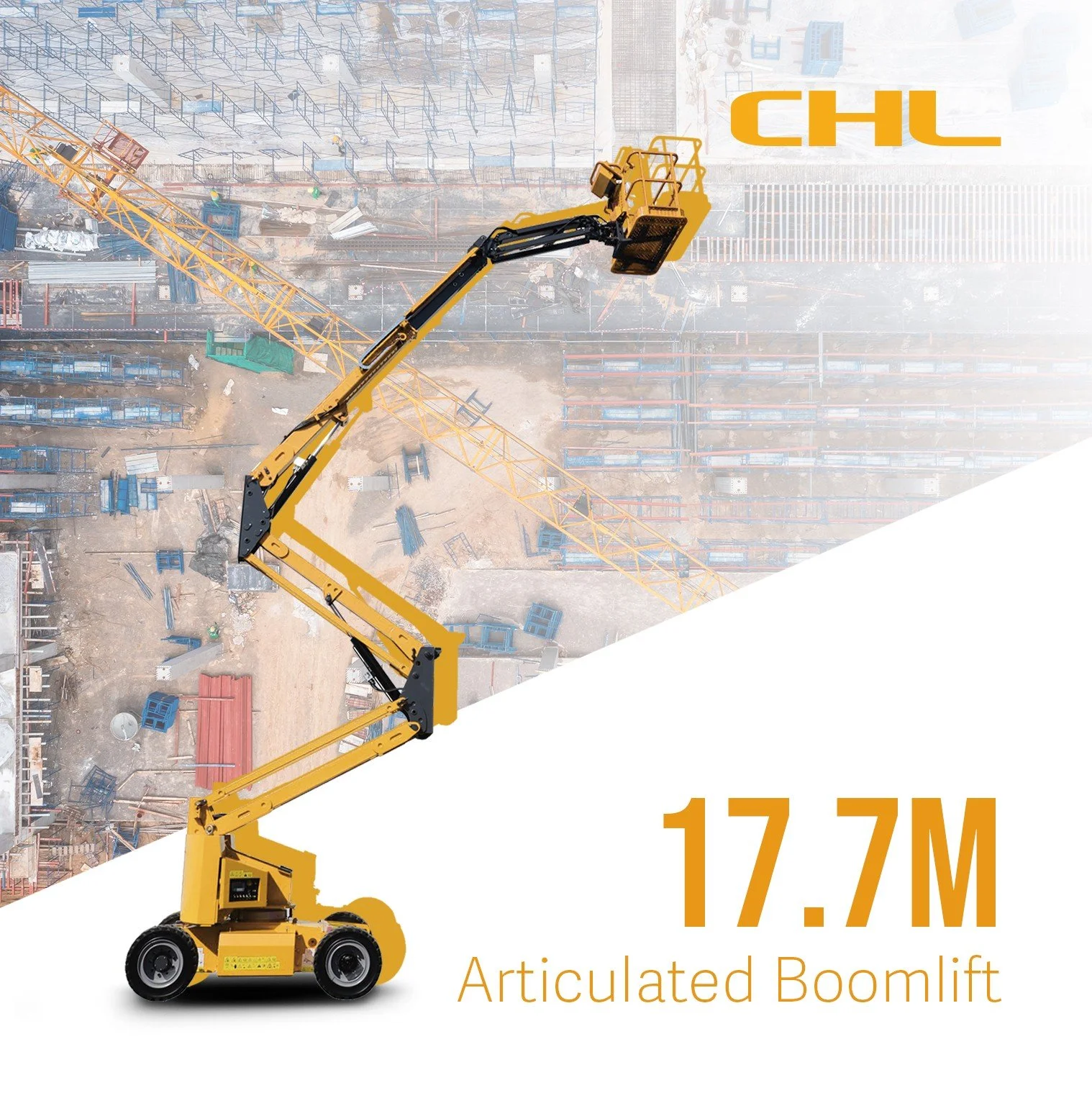 An articulated boom lift with a 17.7-meter reach at a construction site, featuring a yellow structure and an aerial basket, with a background of construction materials and scaffolding.