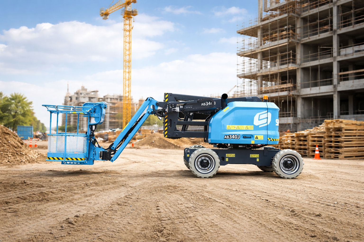 Red scissor lift with blue and black signs displaying 'Elite Forklifts' and 'Sinoboom' in an outdoor lot.
