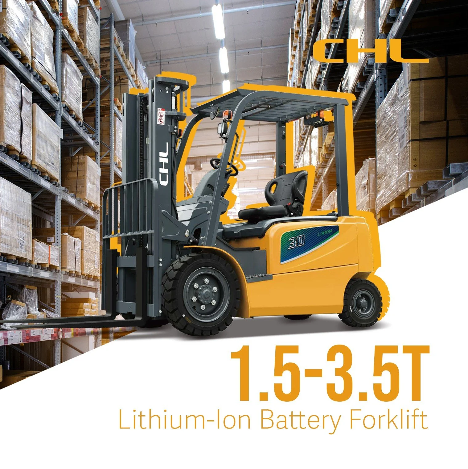 A yellow lithium-ion battery forklift in a warehouse with shelves stocked with boxes.