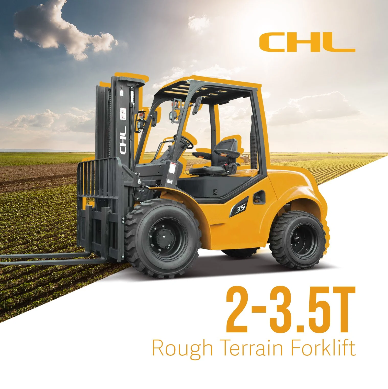 A yellow rough terrain forklift in a field with a partly cloudy sky, labeled with the capacity of 2 to 3.5 tons, and the brand CHL.