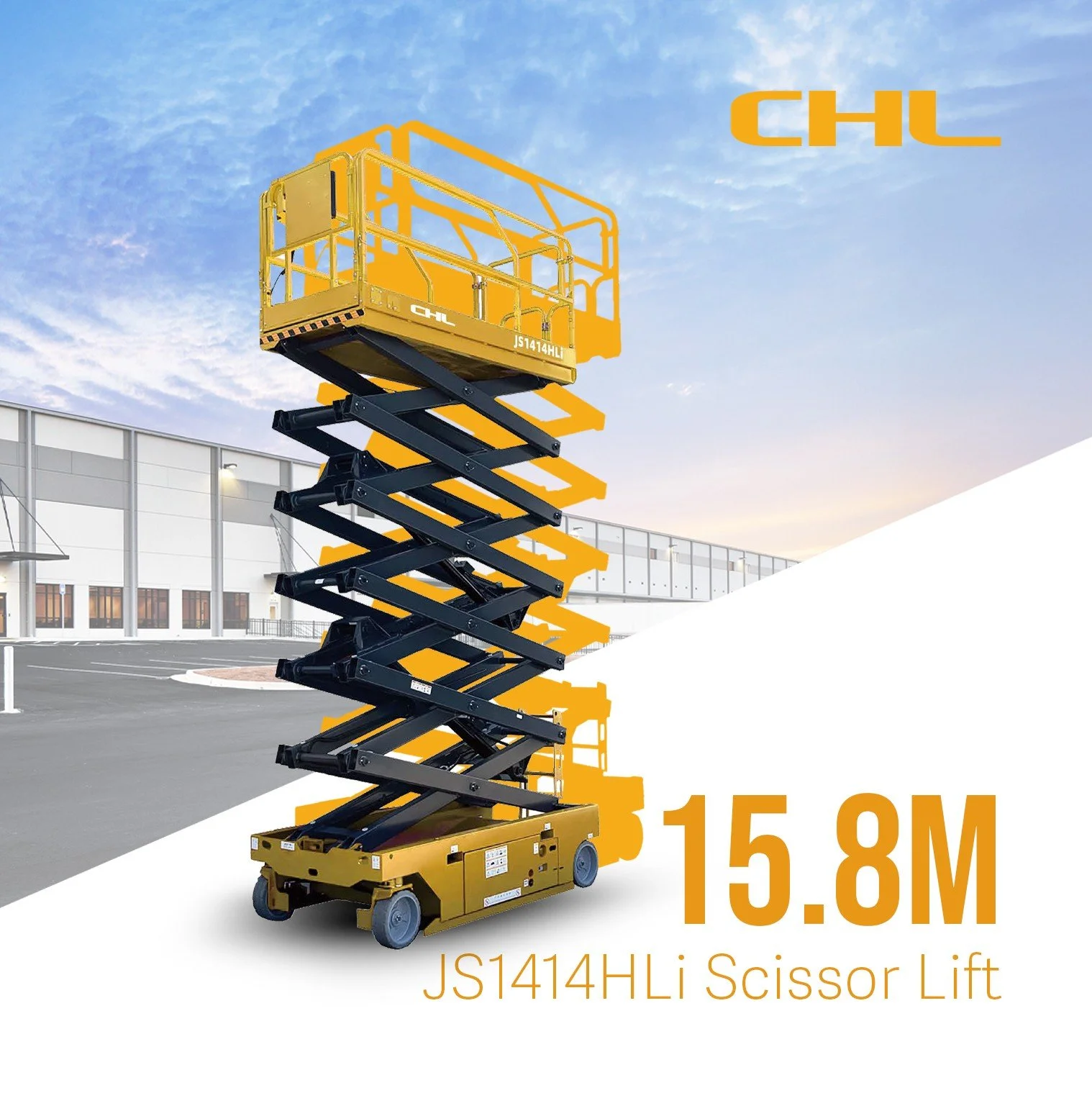 A yellow and black scissor lift extended to a height of 15.8 meters outdoors, with text indicating model JS1414HLI and company logo CHL. The background shows a modern commercial building and a partly cloudy sky.