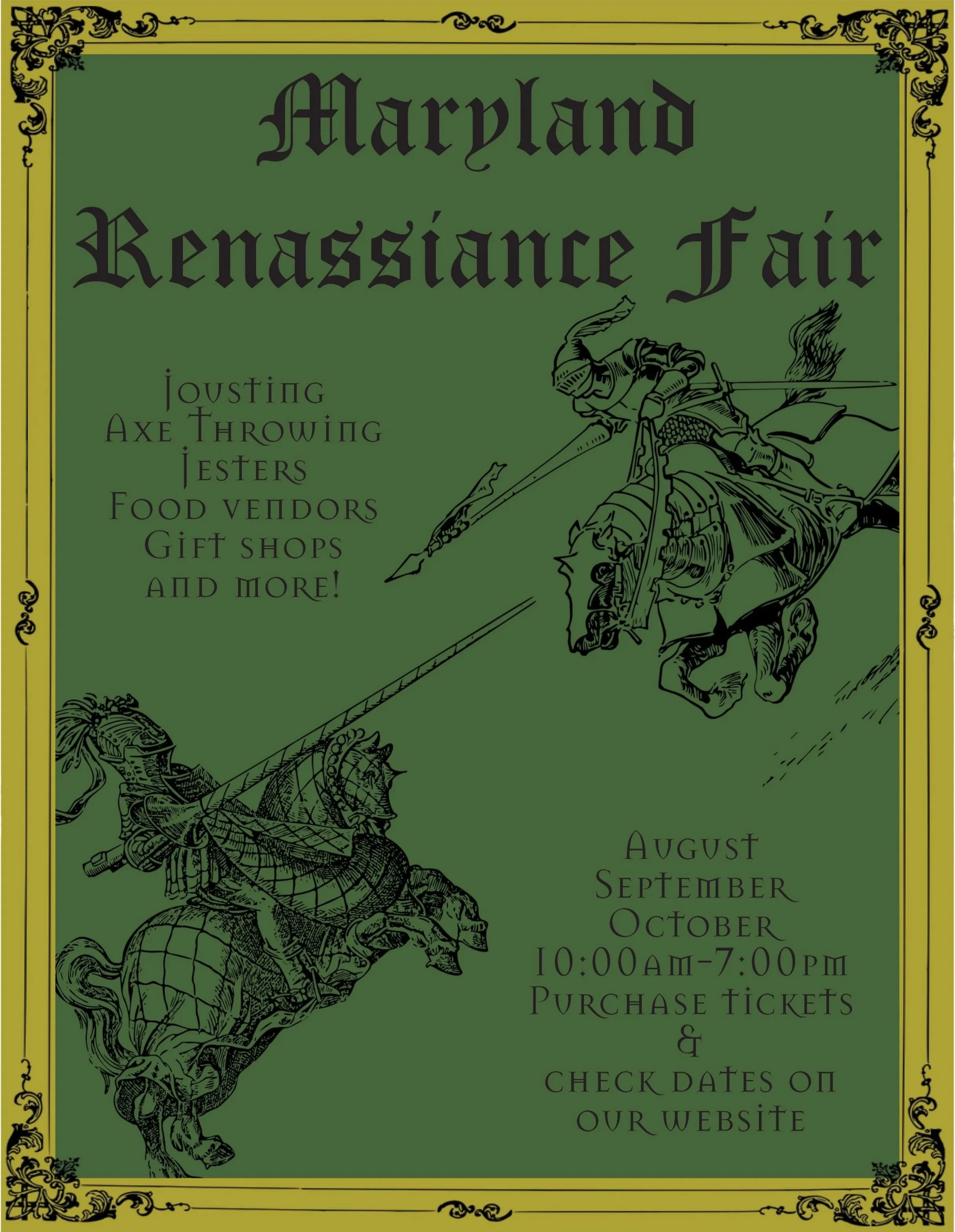 Poster for Maryland Renaissance Fair featuring a knight in armor on horseback wielding a spear, with event details including dates, times, and activities such as jousting, axe throwing, jesters, food vendors, gift shops, and ticket information.