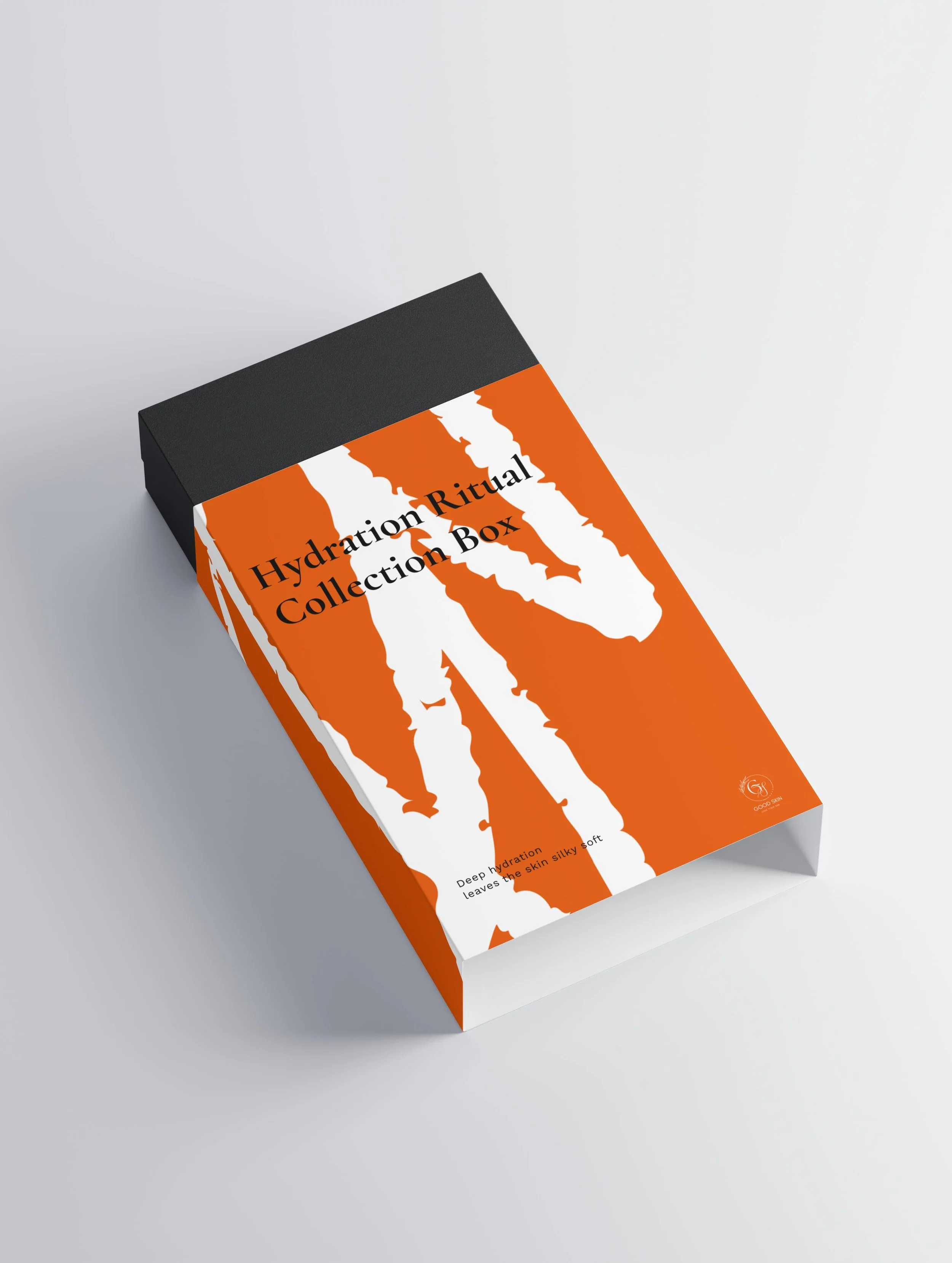 A black and orange box labeled "Hydration Ritual Collection Box" with text "Deep hydration leaves the skin silky soft" and a logo