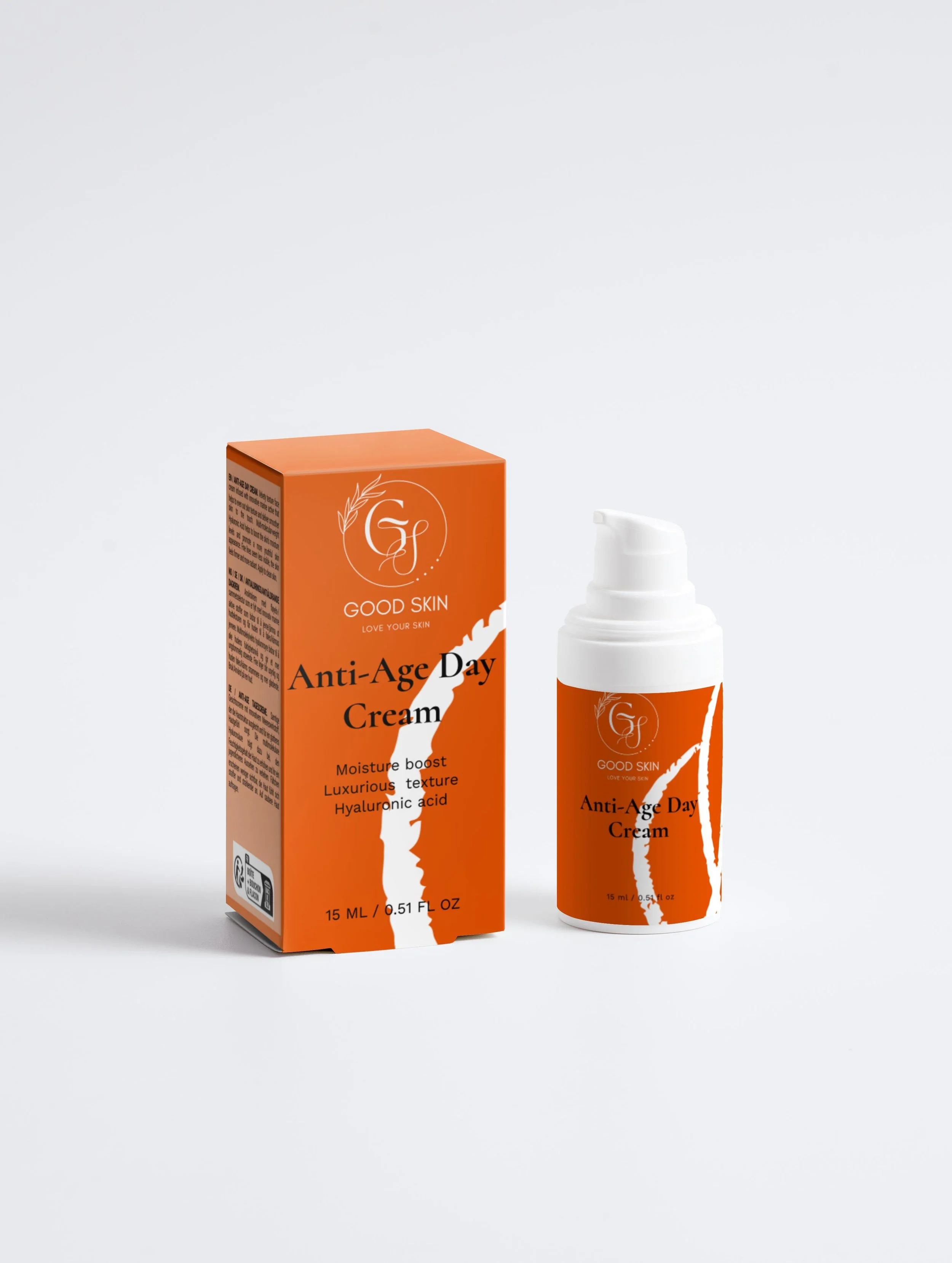 A bottle of GOOD SKIN Anti-Age Day Cream next to its orange packaging box on a white background.