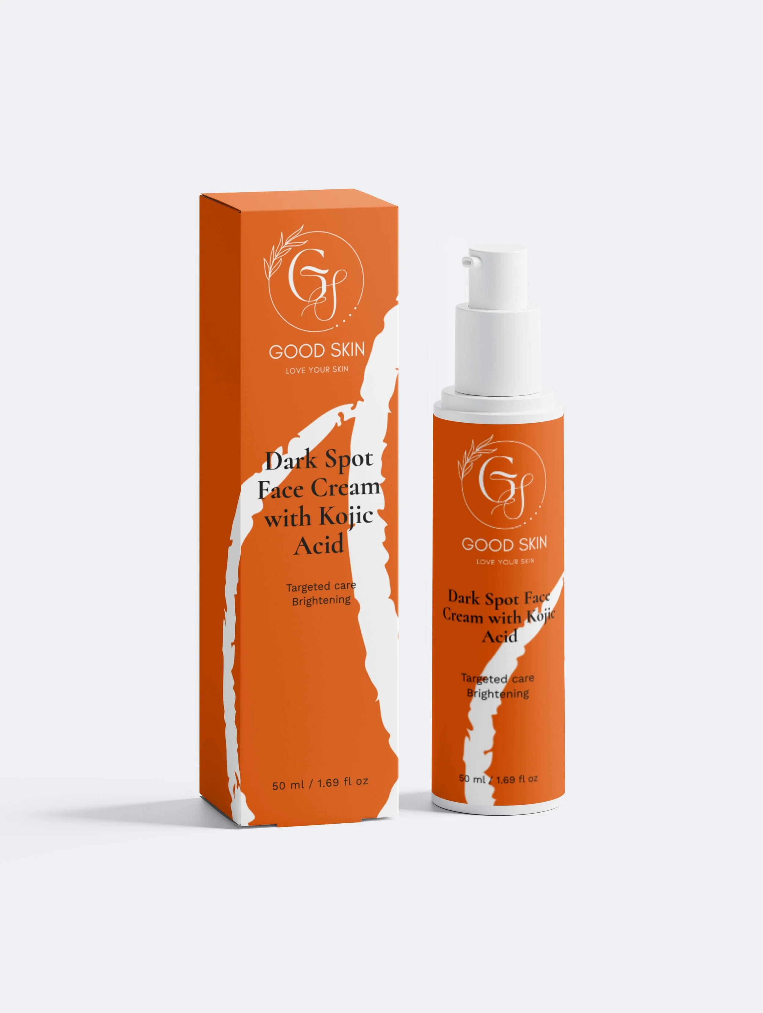 A bottle of Good Skin Dark Spot Face Cream with Kojic Acid next to its orange packaging box, both displaying the brand logo and product details.