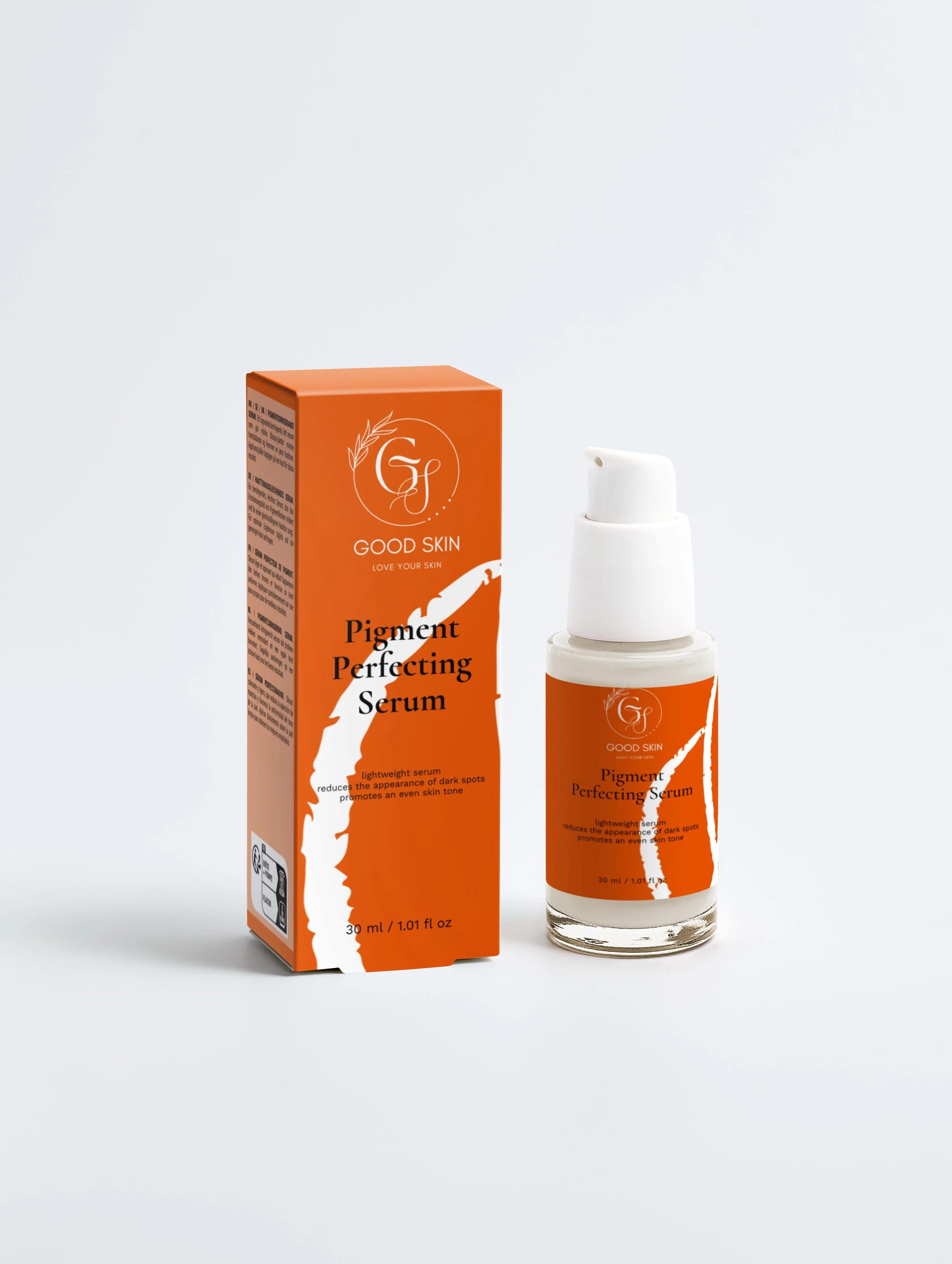 Bottle of pigment perfecting serum next to its orange packaging box on a white background.