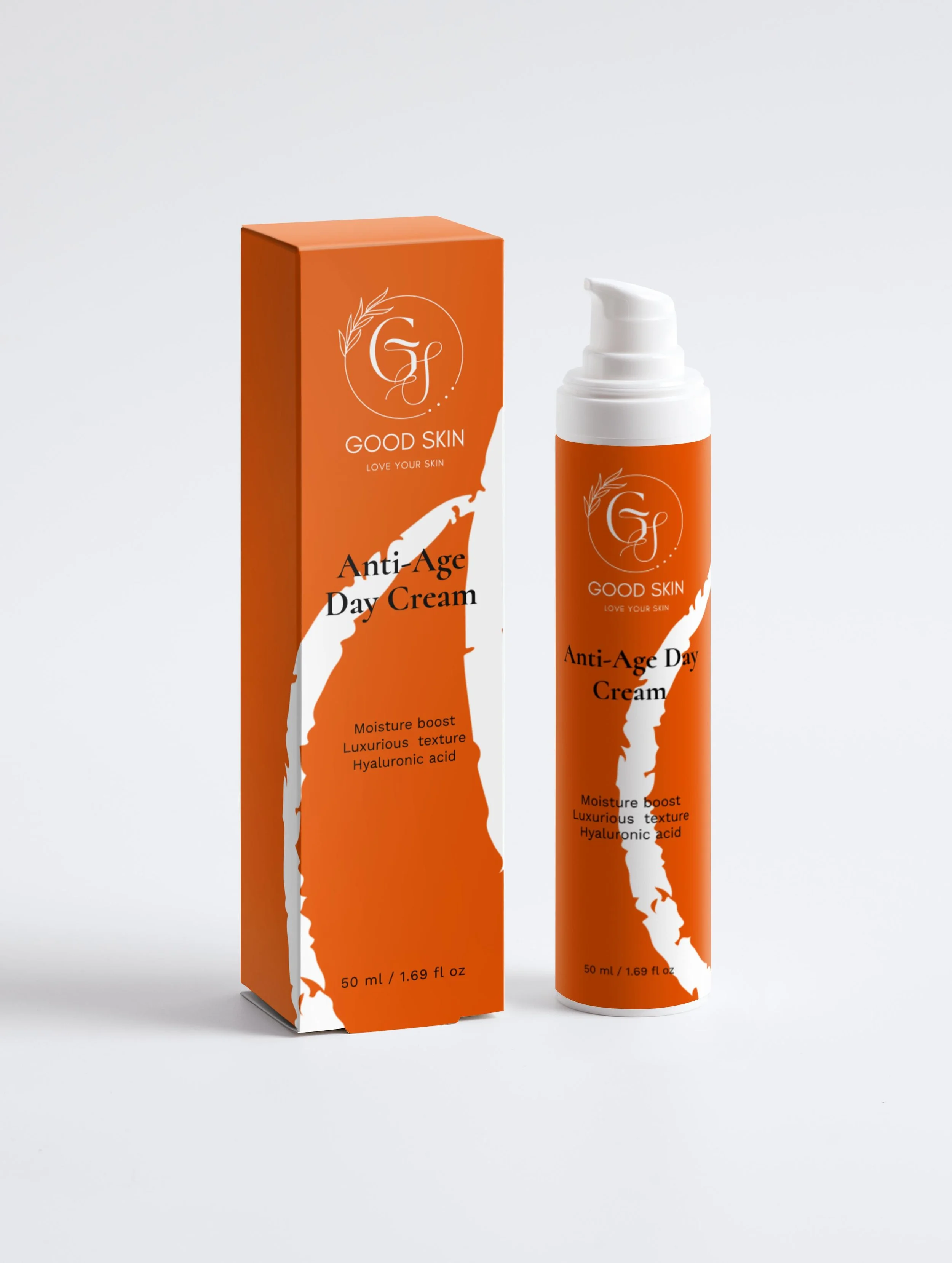 A bottle of Good Skin Anti-Age Day Cream with its orange packaging box on a white background.