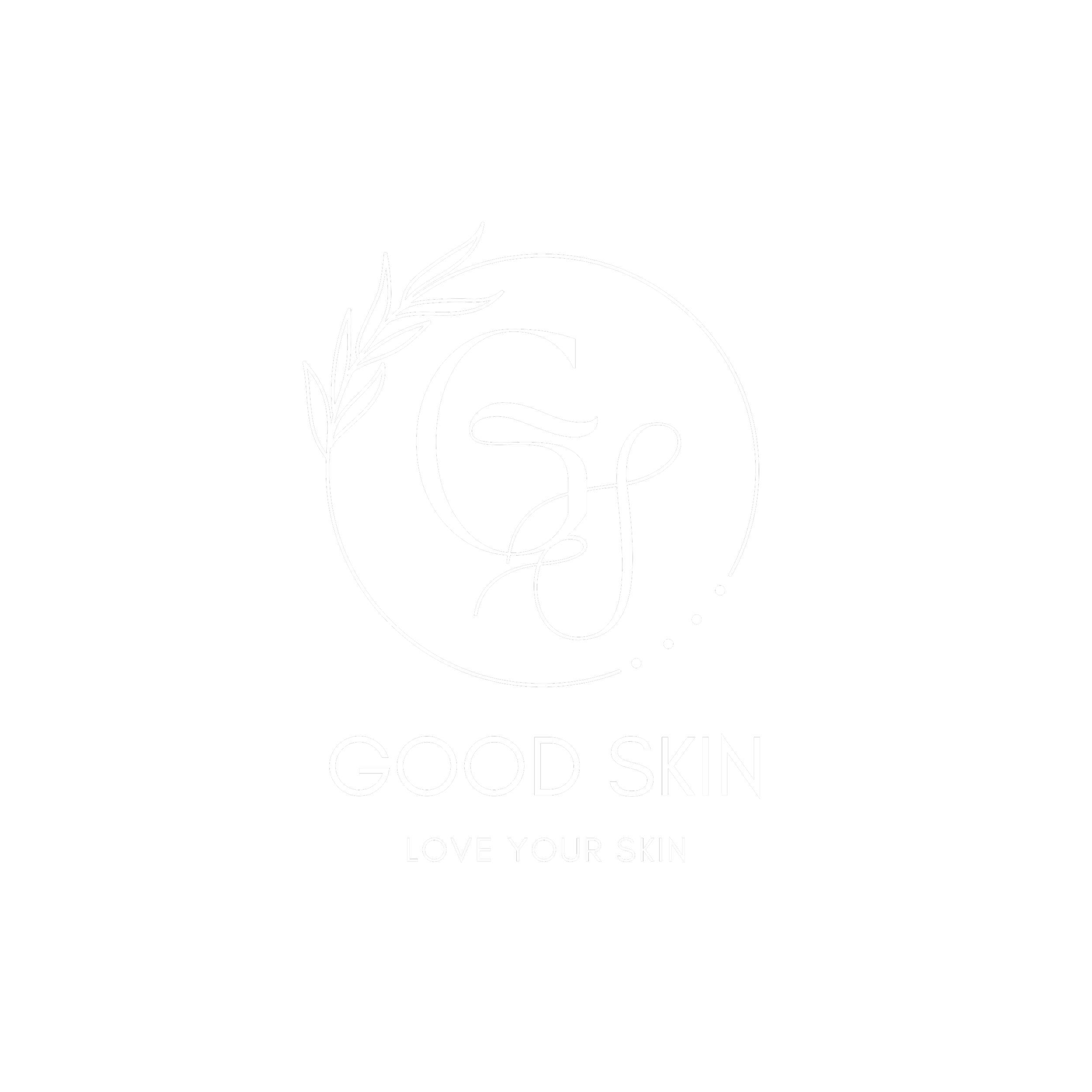 Black background with a white circular logo featuring stylized initials "G" and "S" intertwined, accompanied by a leafy branch. Below the logo, the text reads "GOOD SKIN" with the tagline "LOVE YOUR SKIN."
