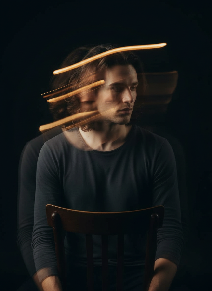 A young man with long hair sitting on a chair, with light trails creating a motion effect around his head against a dark background.
