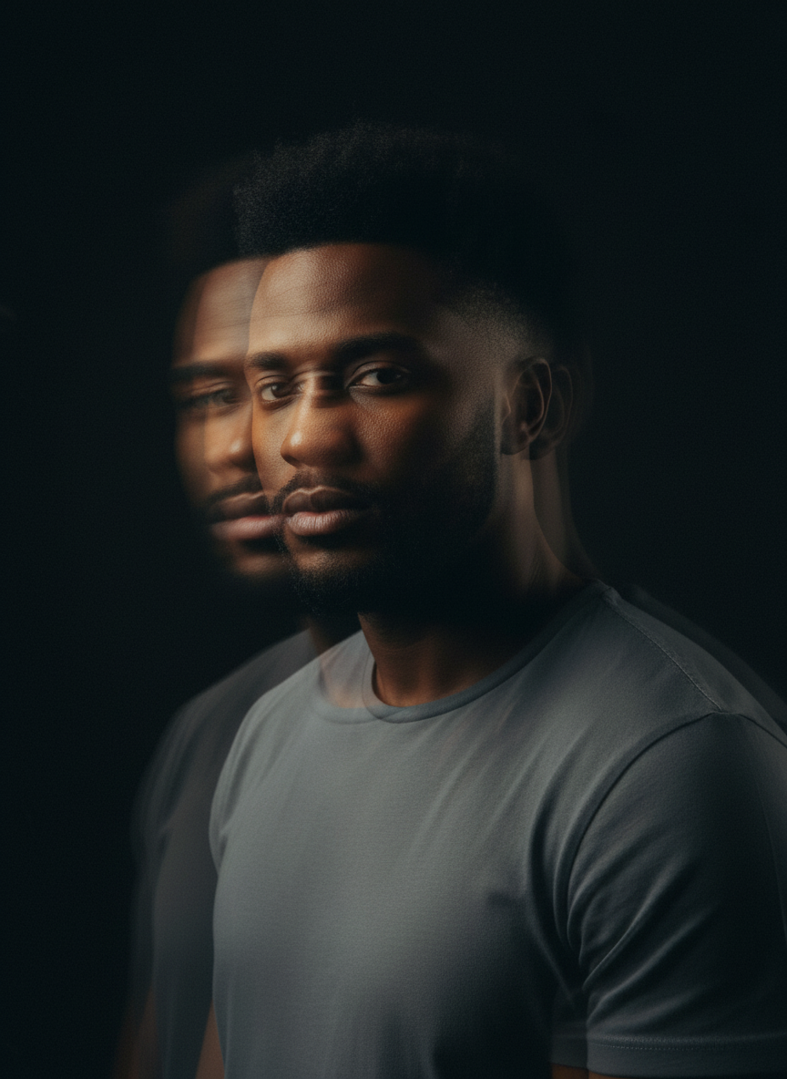 A man with dark skin and short curly hair wearing a gray athletic shirt, with a reflection or duplicate effect creating a multiple-exposure look against a black background.