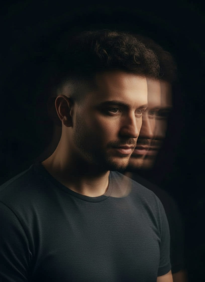A young man with short curly hair, wearing a dark t-shirt, looking thoughtfully downward against a black background with a motion blur effect showing multiple overlapping images of his face.