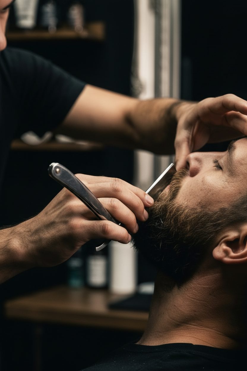 AJ barber (Ahmad Jabateh) trimming a man's beard with scissors in a barbershop.