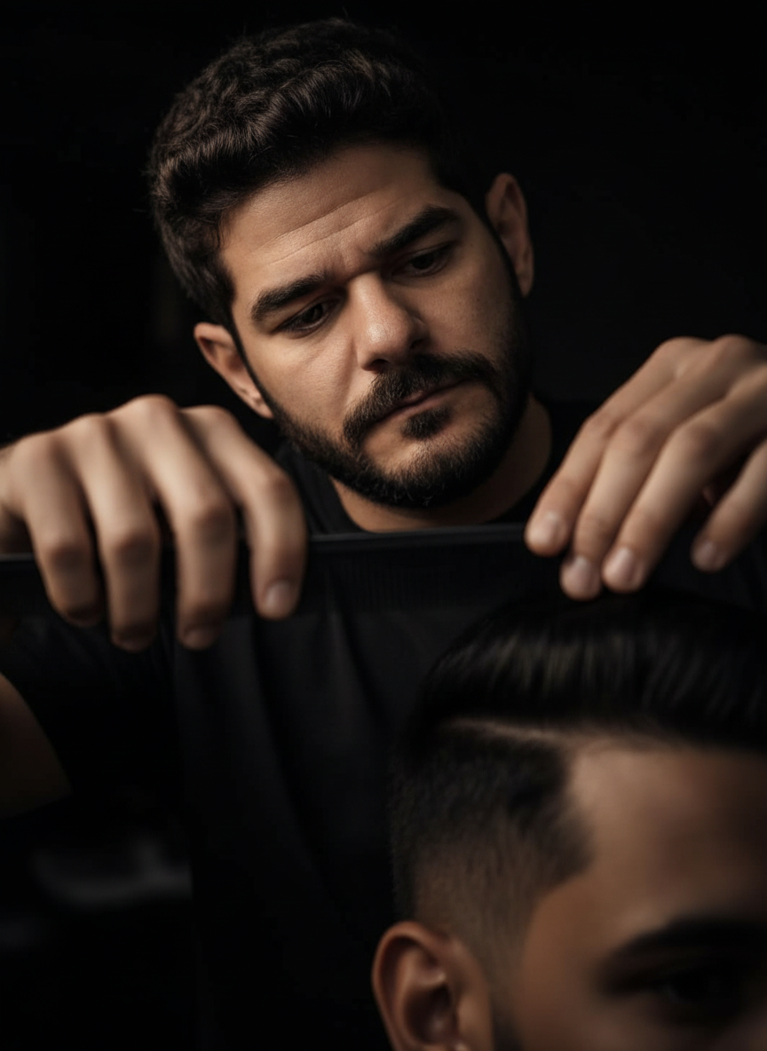 AJ barber (Ahmad Jabateh) trimming a young man's hair in a dark setting.