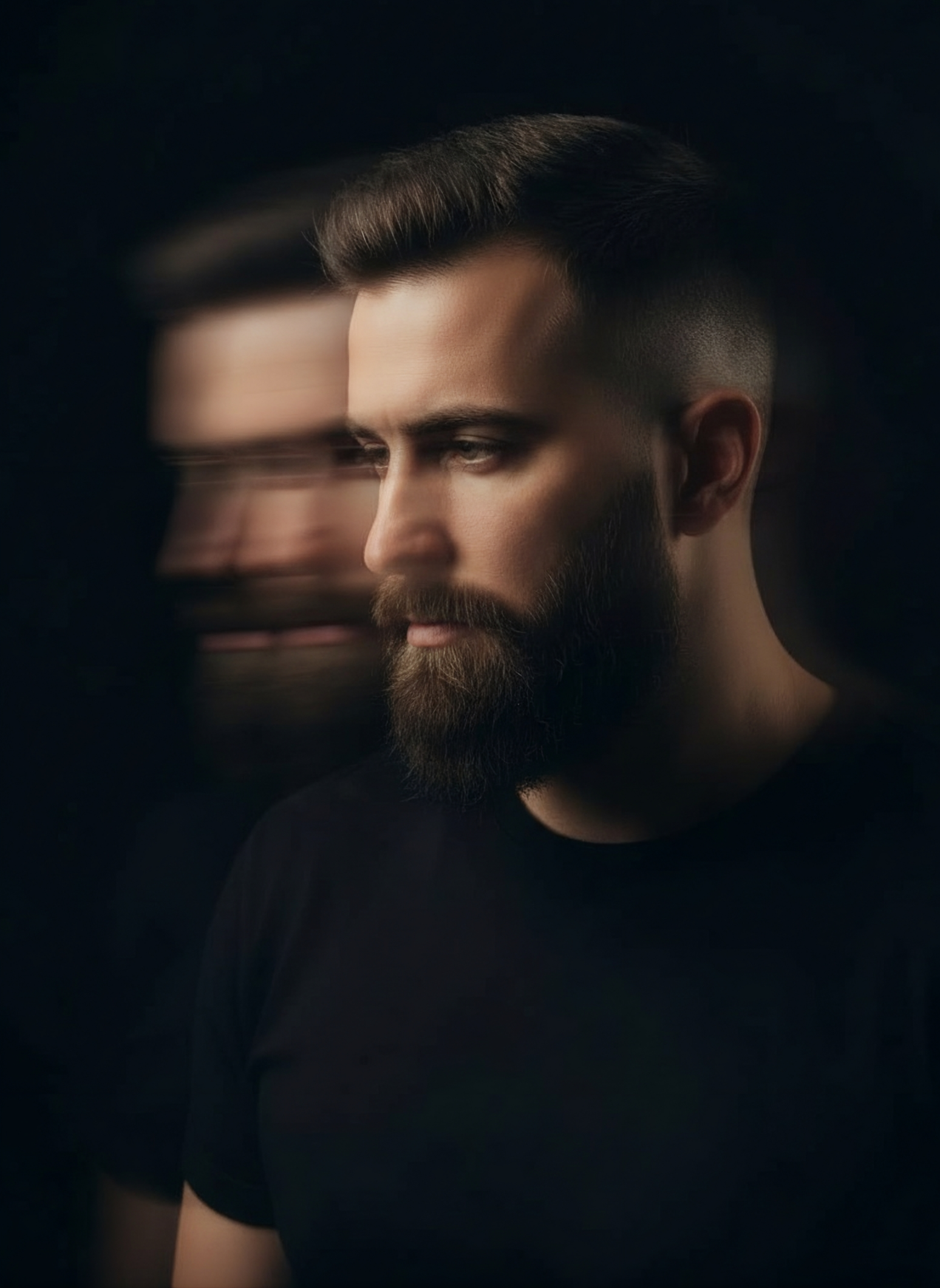 A blonde man with a well-groomed beard and styled hair, wearing a black shirt, with a blurred mirror reflection showing him facing slightly to the right.