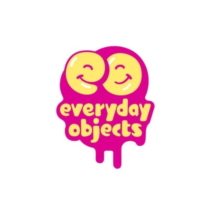 Graphic logo with two smiling yellow faces and the text "everyday objects" in bold, rounded yellow letters on a purple background.