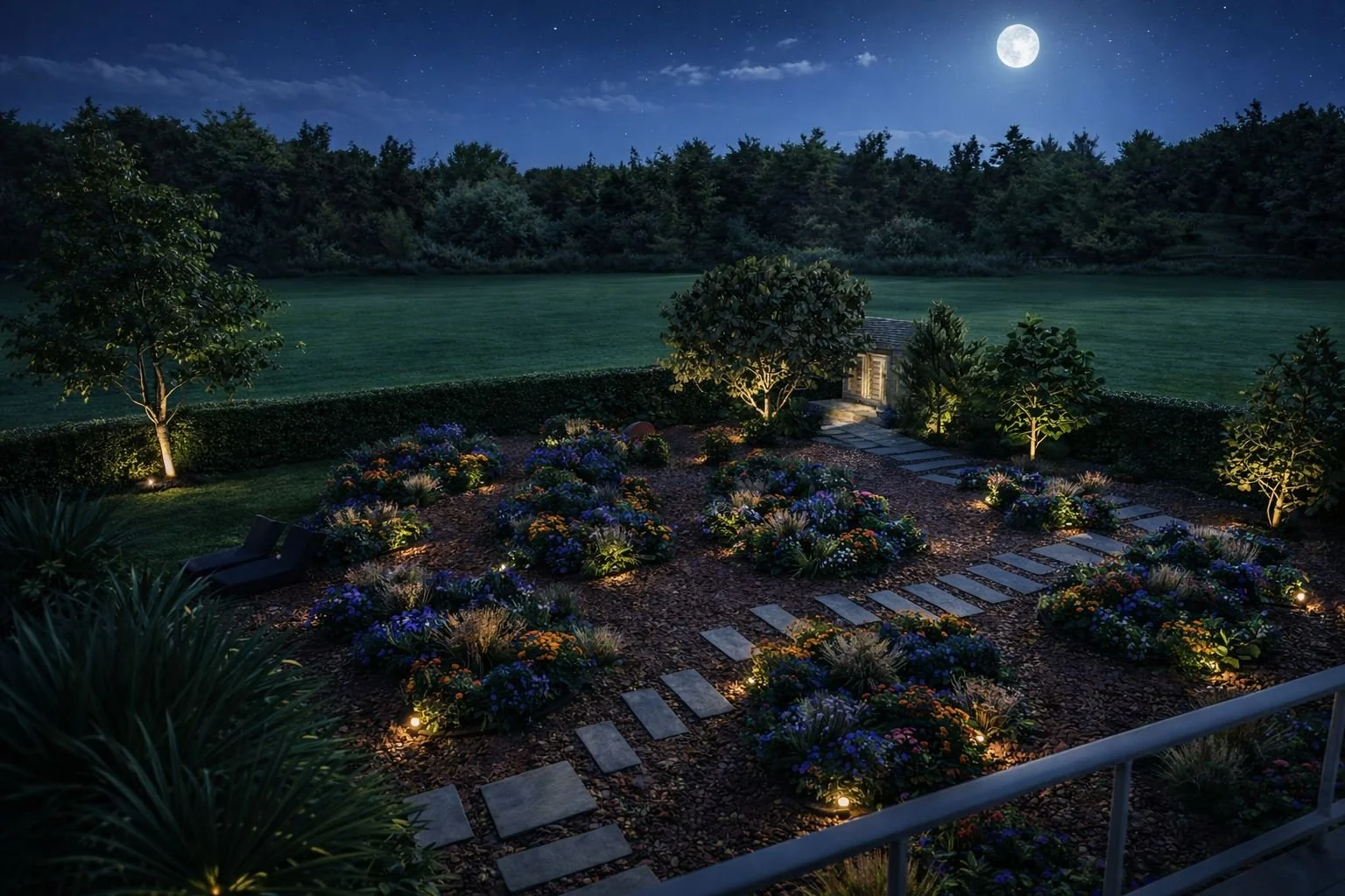 Jardín iluminado de noche con flores, árboles y un camino de piedras bajo la luna llena.