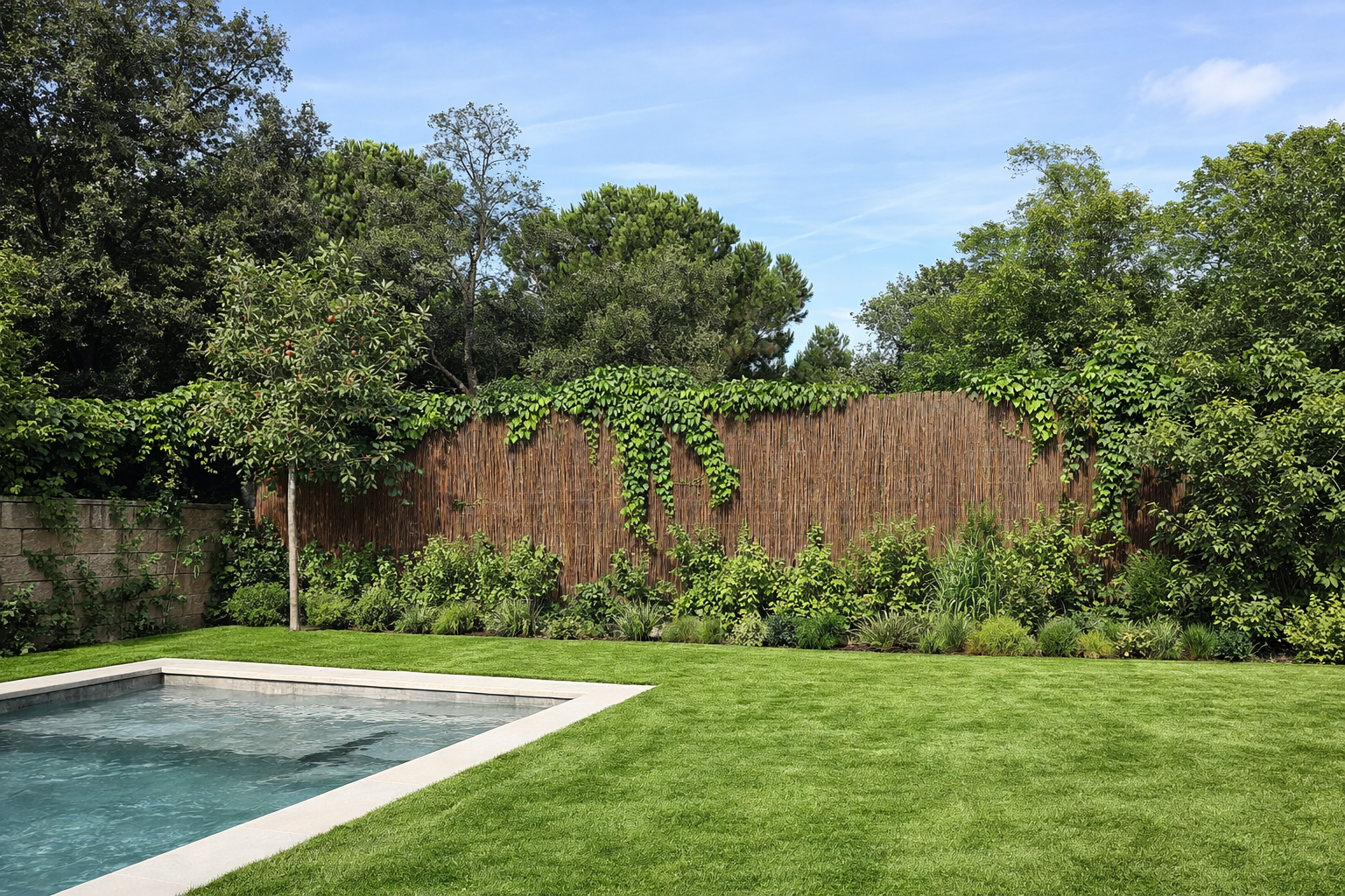 Jardín con césped, piscina y arbustos, con una cerca de madera y árboles en el fondo bajo un cielo azul