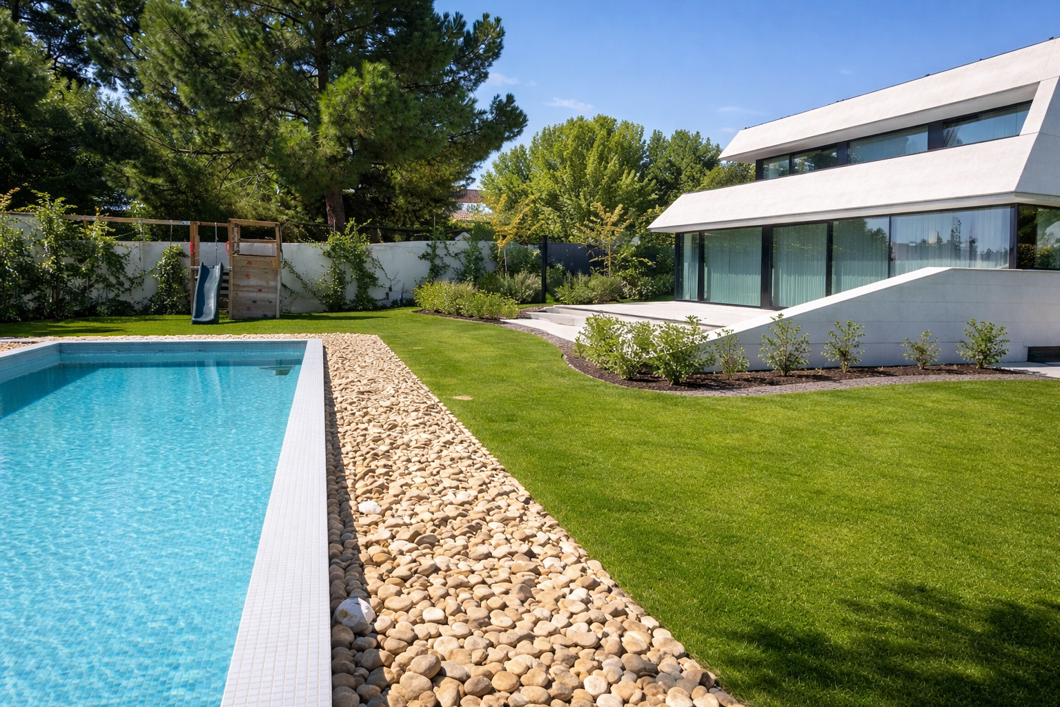 Jardín con piscina, césped, árboles y una casa moderna con grandes ventanas.