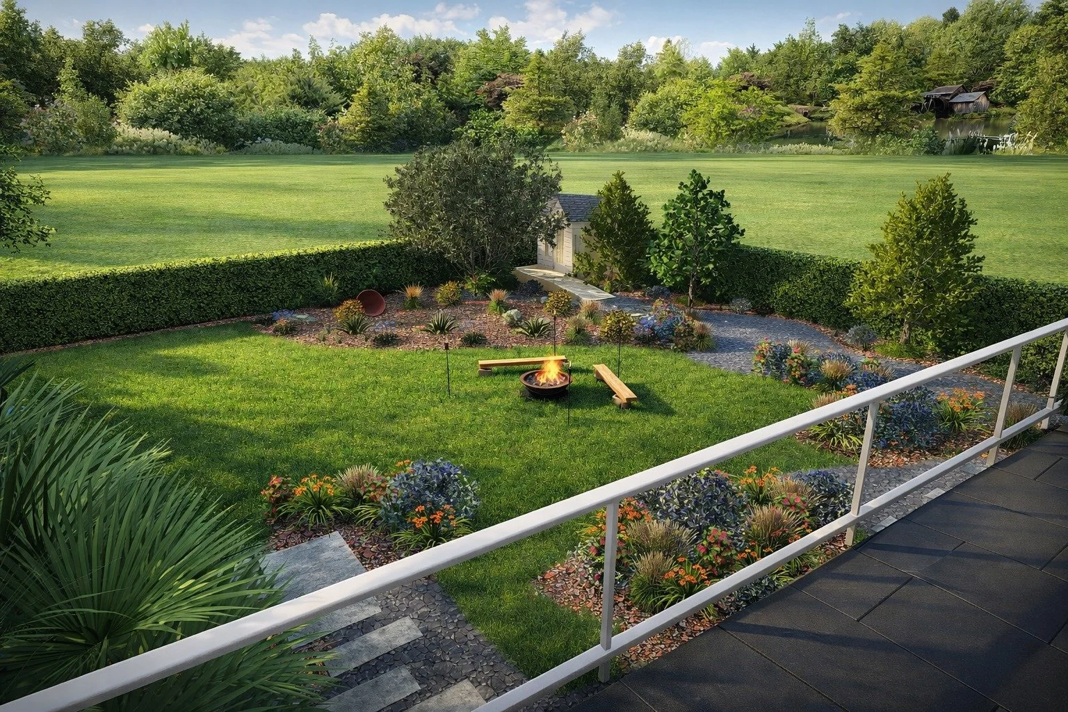 Mural de jardín con césped verde, árboles y arbustos, con una fogata en el centro y un camino de piedras que lleva a una pequeña caseta, visto desde una terraza con baranda blanca en un día soleado.