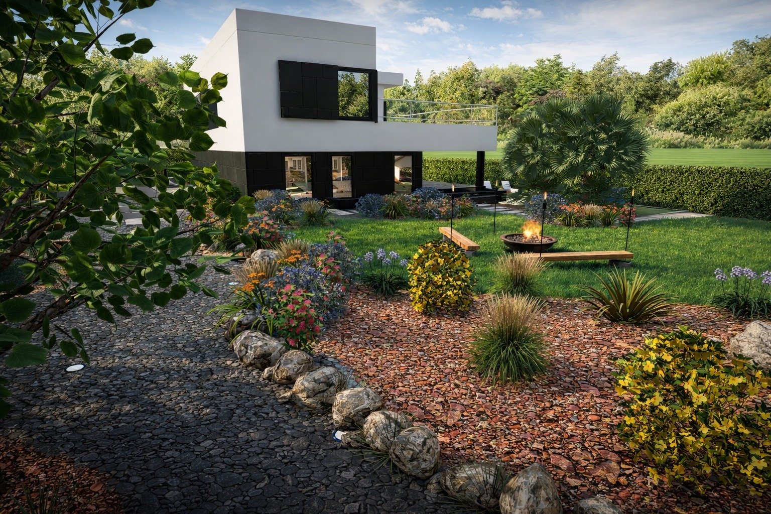 Jardín con plantas, arbustos y una fogata, con una casa moderna de fondo y un cielo despejado.
