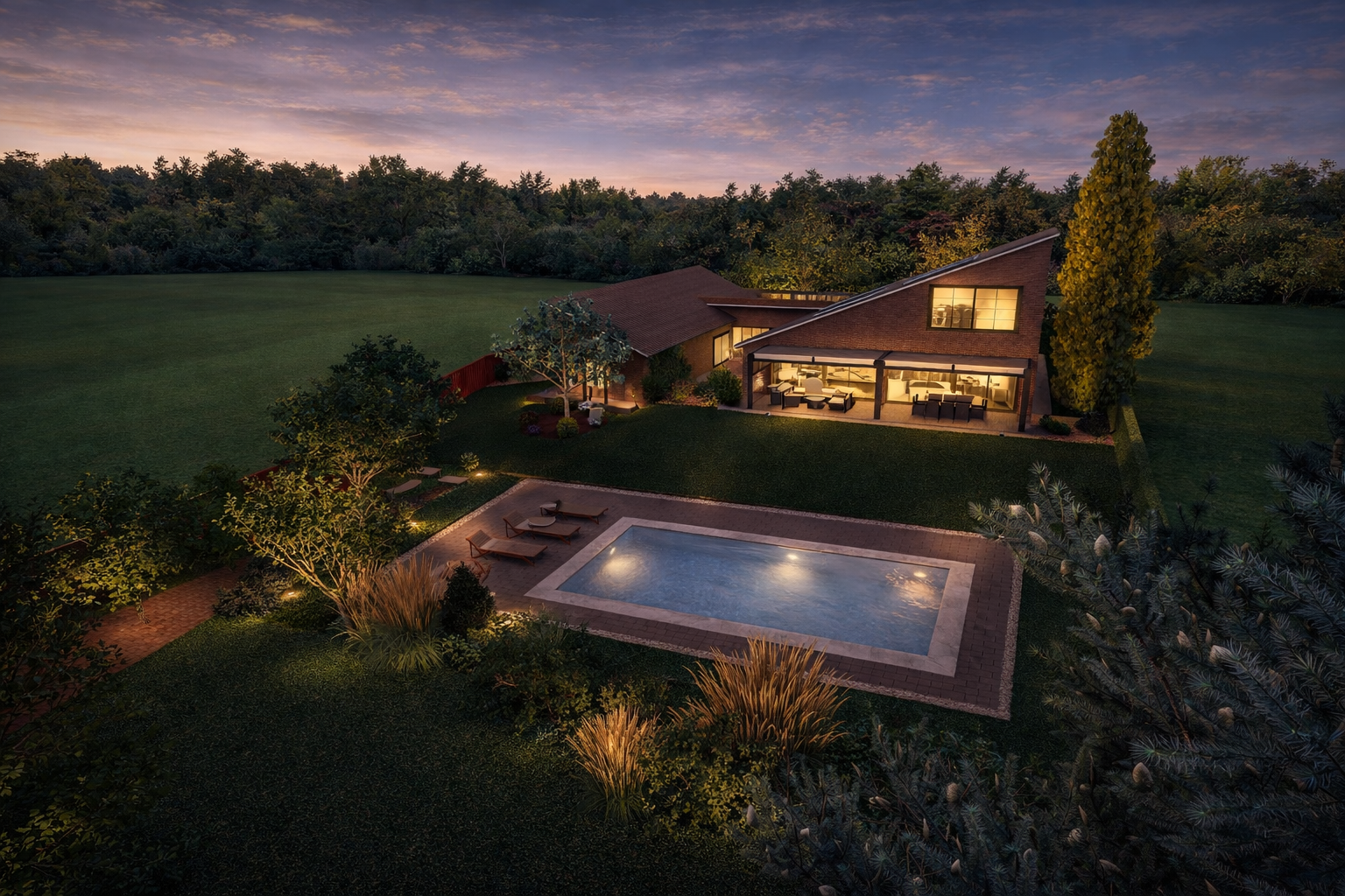 Casa moderna al atardecer con piscina.png