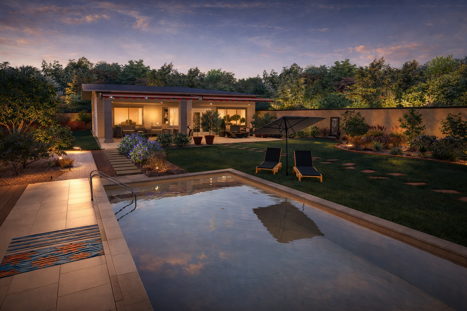 Jardín moderno al atardecer.png