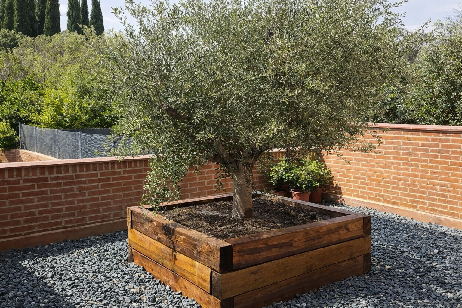 Un árbol en una jardinera de madera, en una terraza con paredes de ladrillo, con plantas en macetas y un fondo con árboles y un cielo parcialmente nublado.