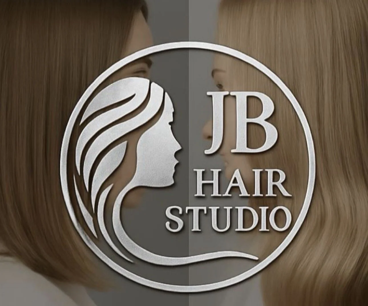 Reflective glass door with a logo for JB Hair Studio, showing the silhouettes of a woman's face and flowing hair.