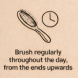 An illustration of a toothbrush and a clock with a reminder to brush regularly from the ends upwards.