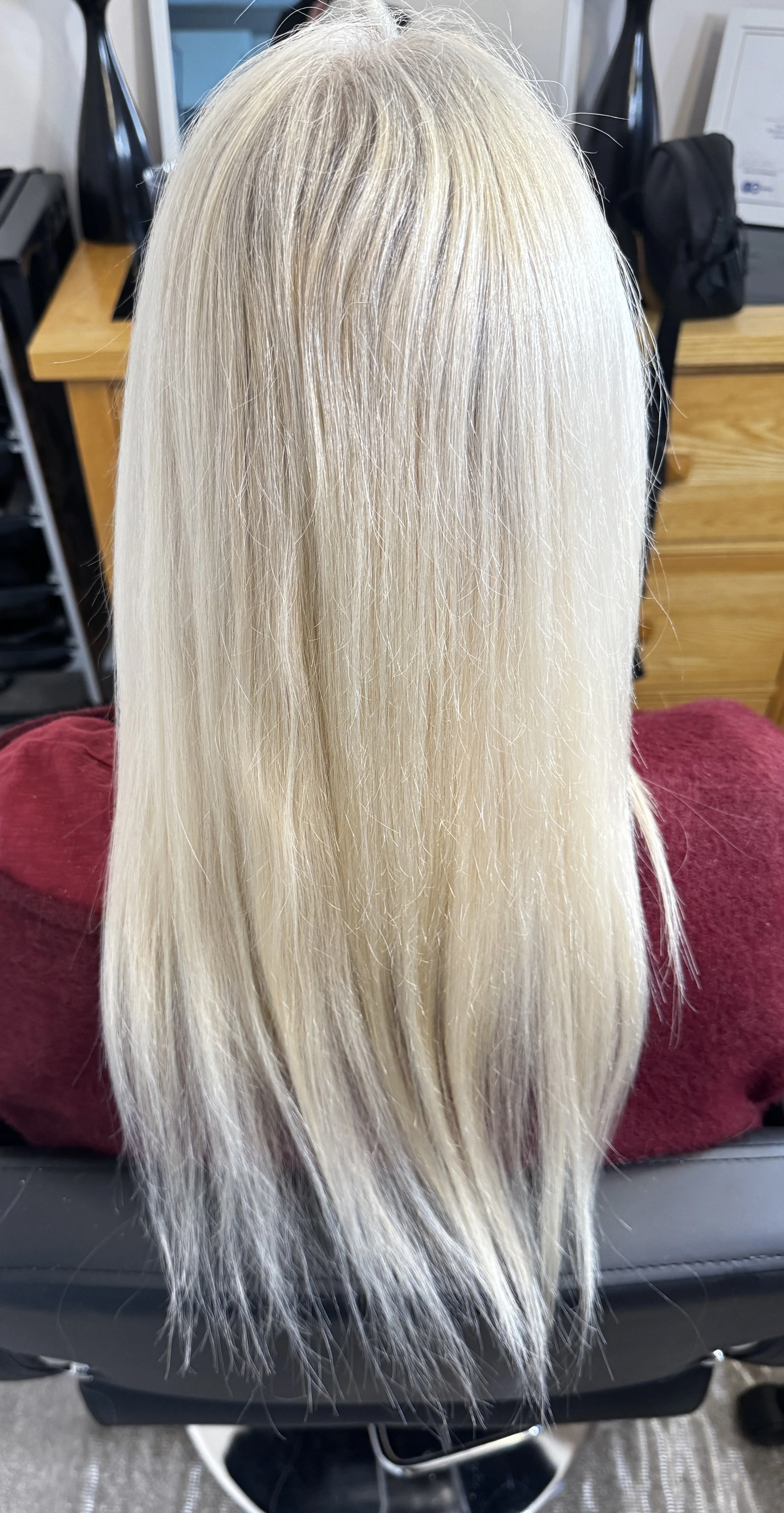Back view of a person with long, straight, platinum blonde hair sitting in a salon chair.