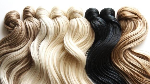 Rows of blonde, black, and light brown wavy hair extensions arranged side by side.