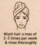 Illustration of a woman with hair wrapped in a towel, with text advising to wash hair a maximum of 2-3 times per week and rinse thoroughly.